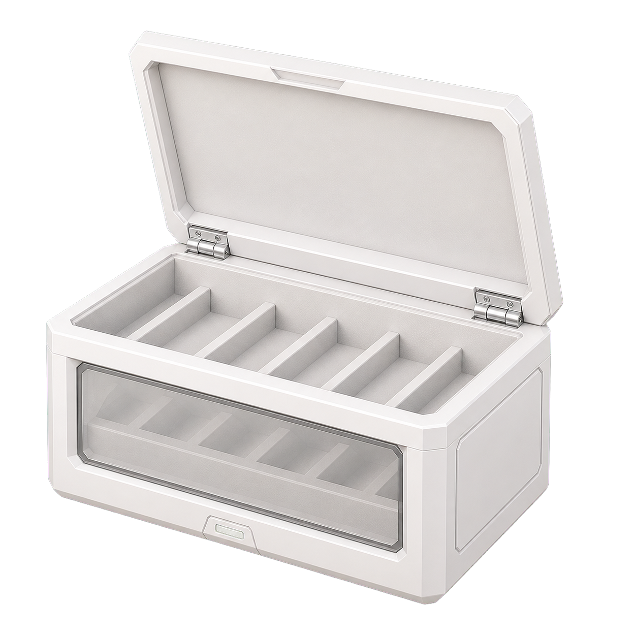 Caixa modular premium aberta em branco fosco com visor translúcido e detalhe verde suave