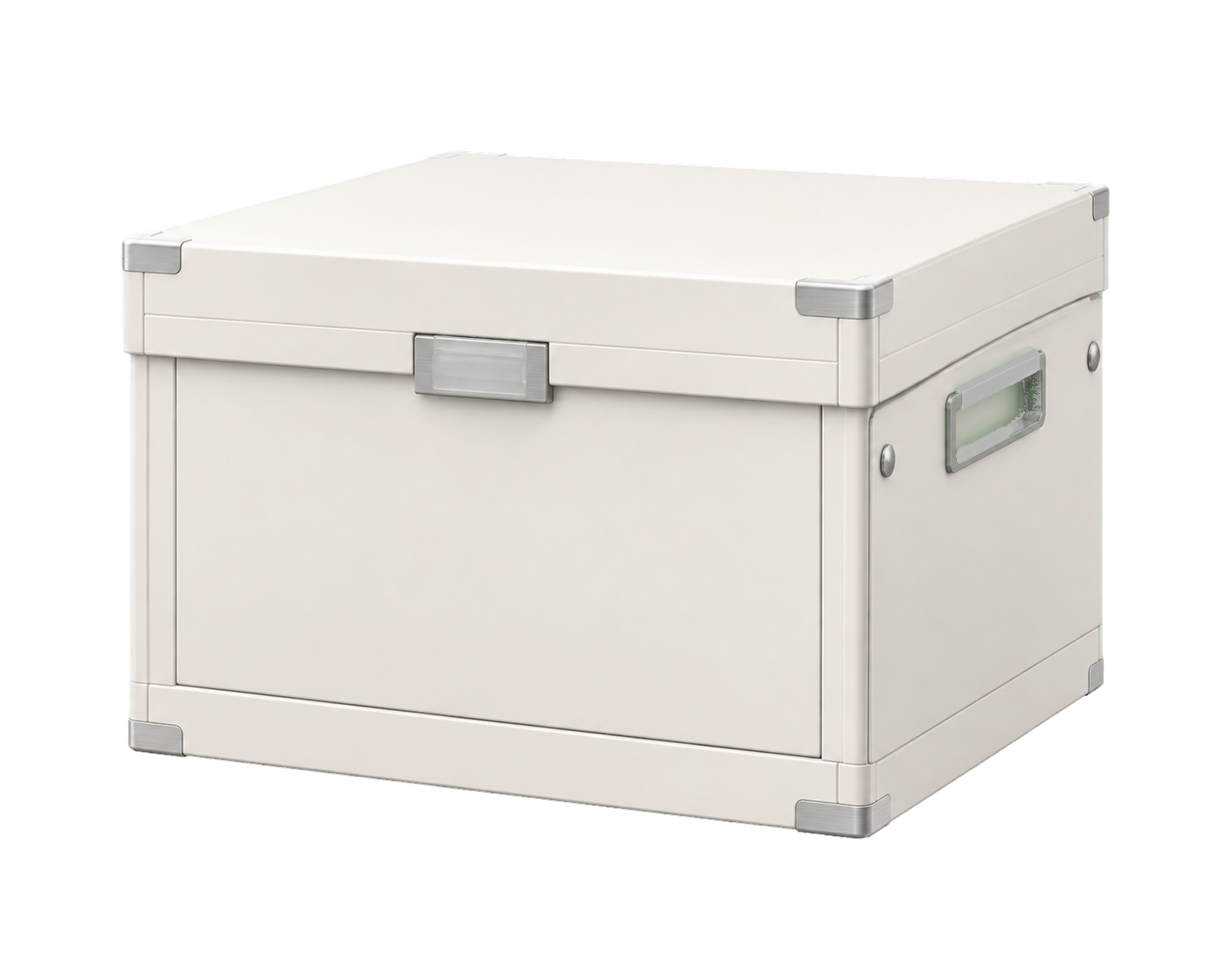 Caixa técnica fechada em branco fosco com cantos metálicos e detalhe verde suave