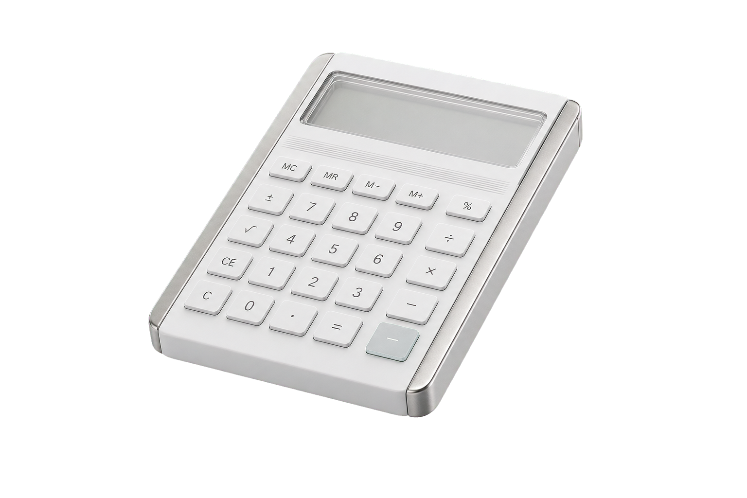 Calculadora premium branca com display translúcido e teclas físicas