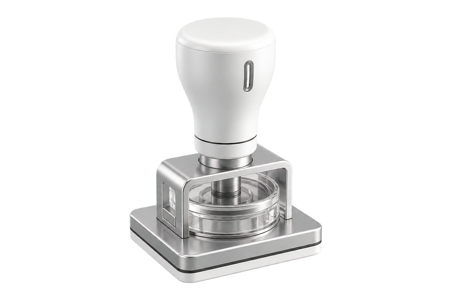 Carimbo técnico branco com base metálica e visor translúcido