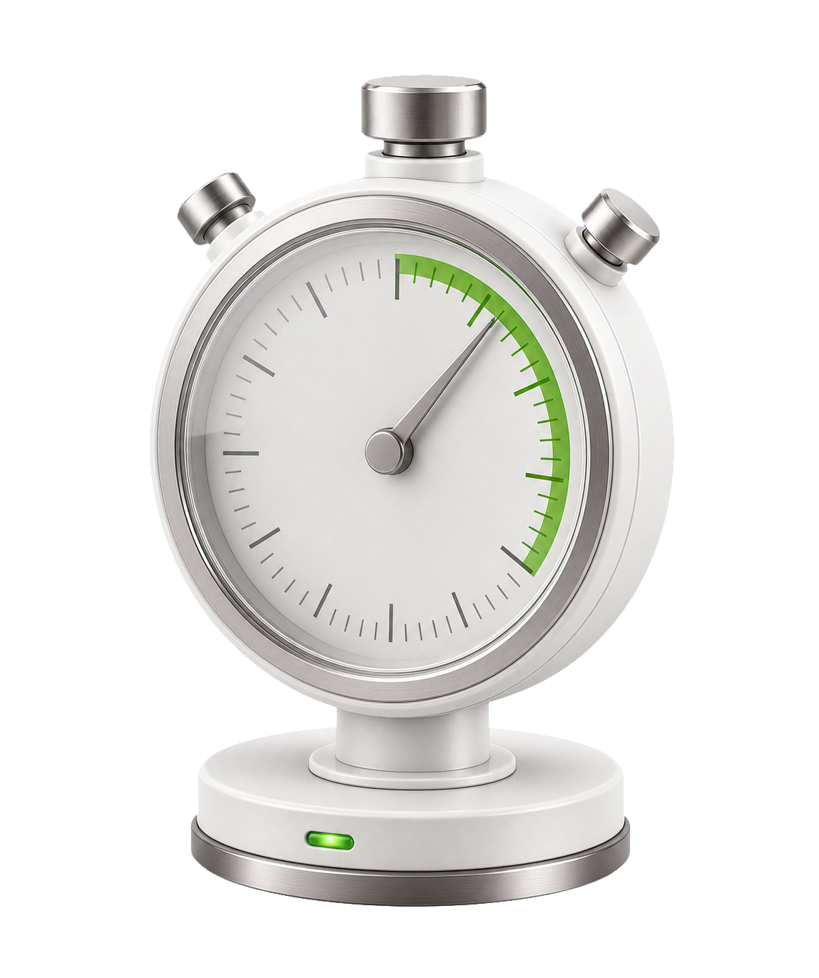 Cronômetro premium branco com aro metálico e arco verde de progresso