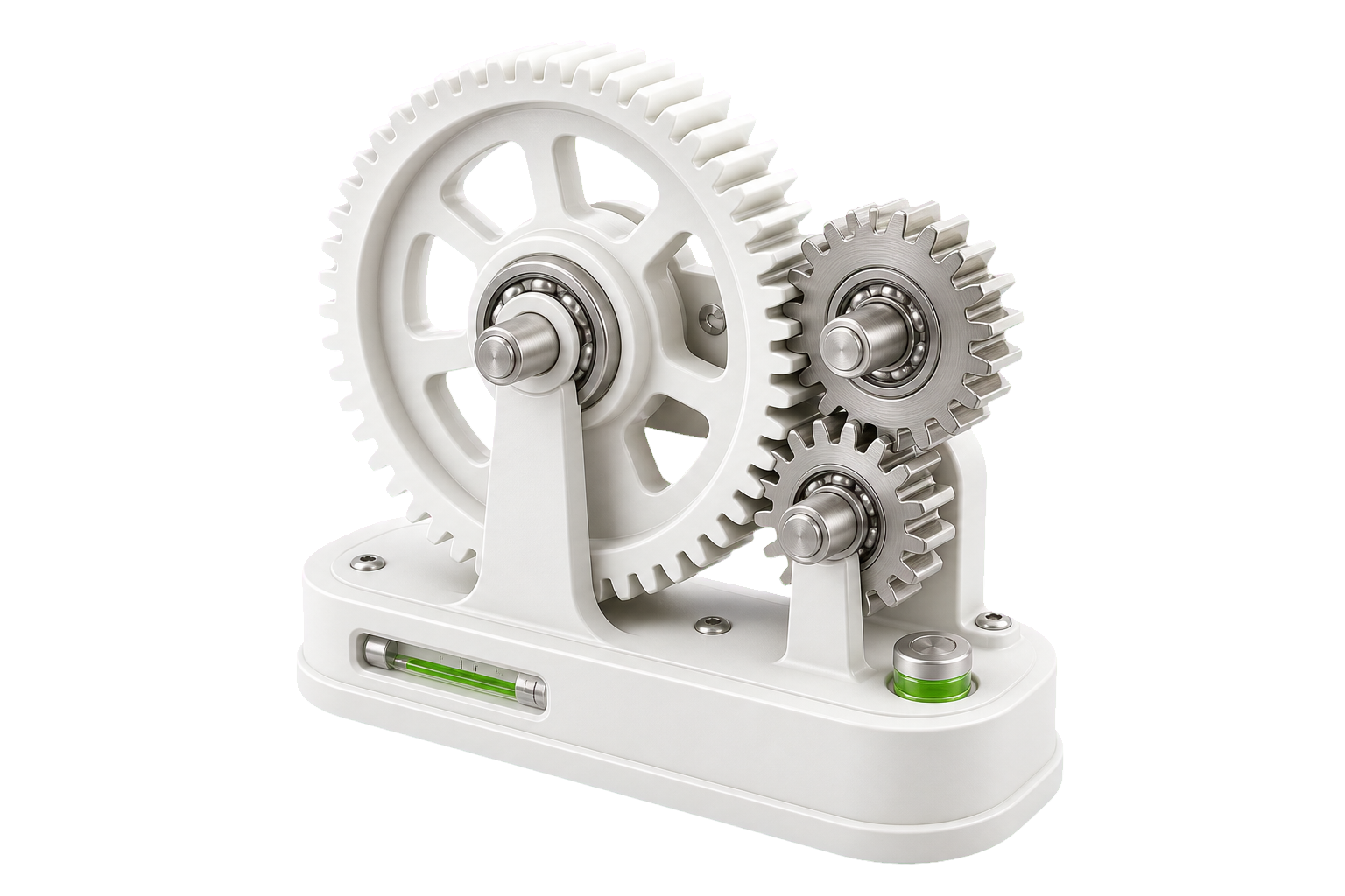 Conjunto de engrenagens técnicas em branco fosco, metal claro e detalhe verde