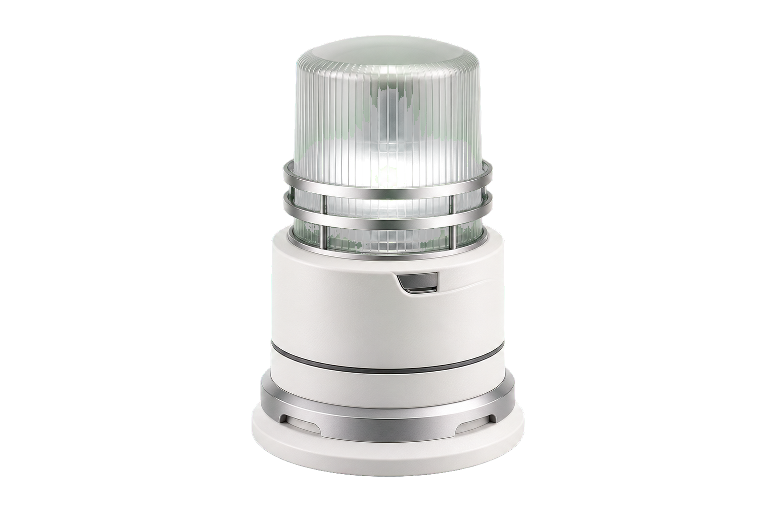 Farol técnico branco com cúpula translúcida e luz verde contida