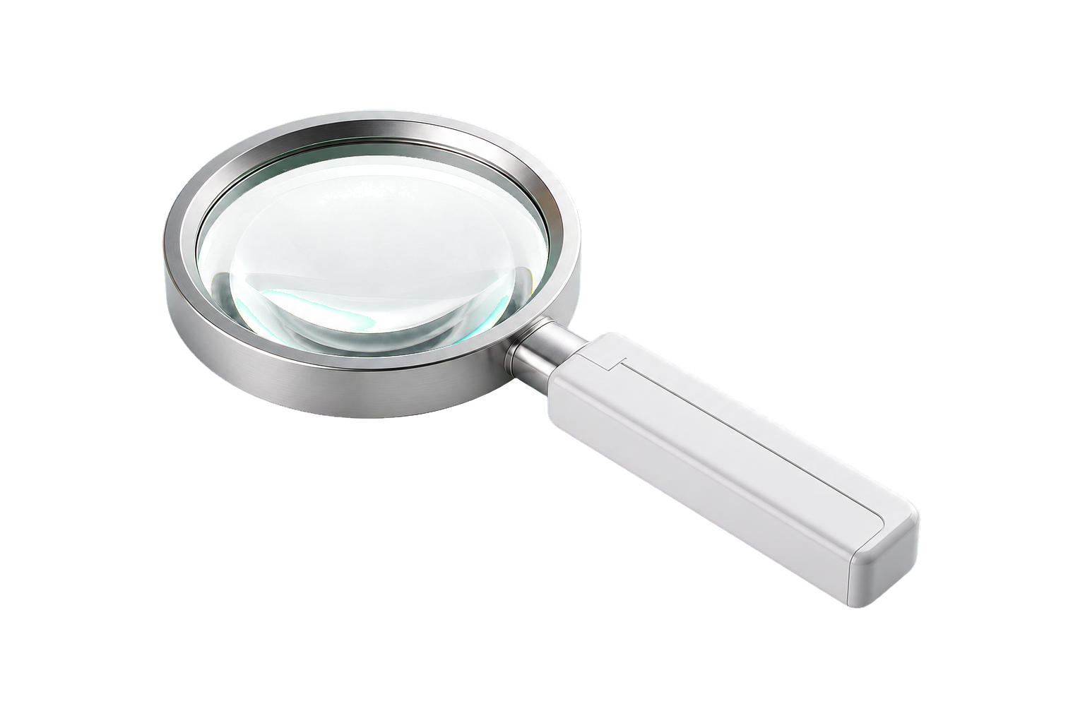 Lupa técnica em branco fosco, metal claro e lente de vidro