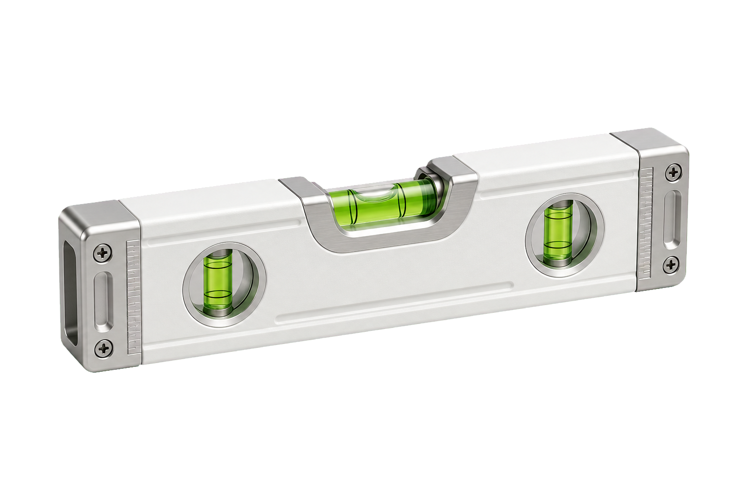 Nível técnico branco com bolhas verdes centralizadas e metal claro