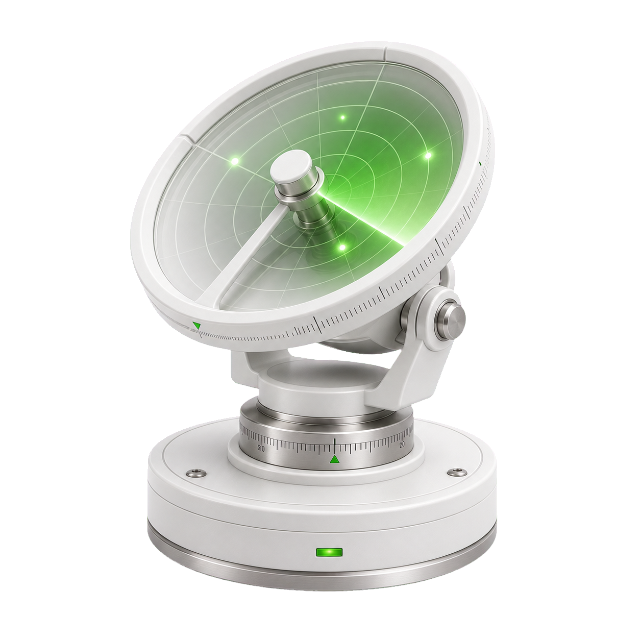 Radar técnico branco com prato translúcido, marcações e feixe verde