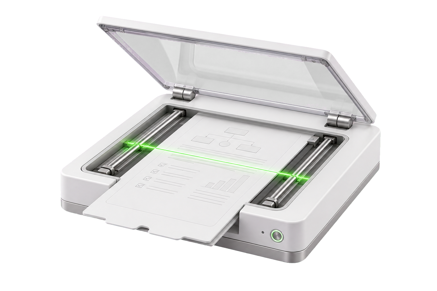 Scanner técnico branco com tampa translúcida, trilhos metálicos e feixe verde